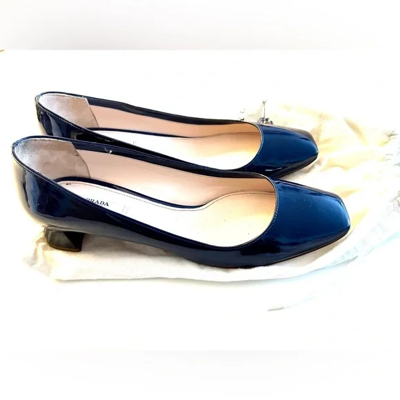 Prada Navy Patent Leather Block Heels Low Heel Square Toe with Bag - Size 38.5 - Picture 4 of 8